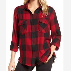 RAILS Larsson Crimson Jet Buffalo Plaid Embroidered Fringe Hem Button Down Sz S